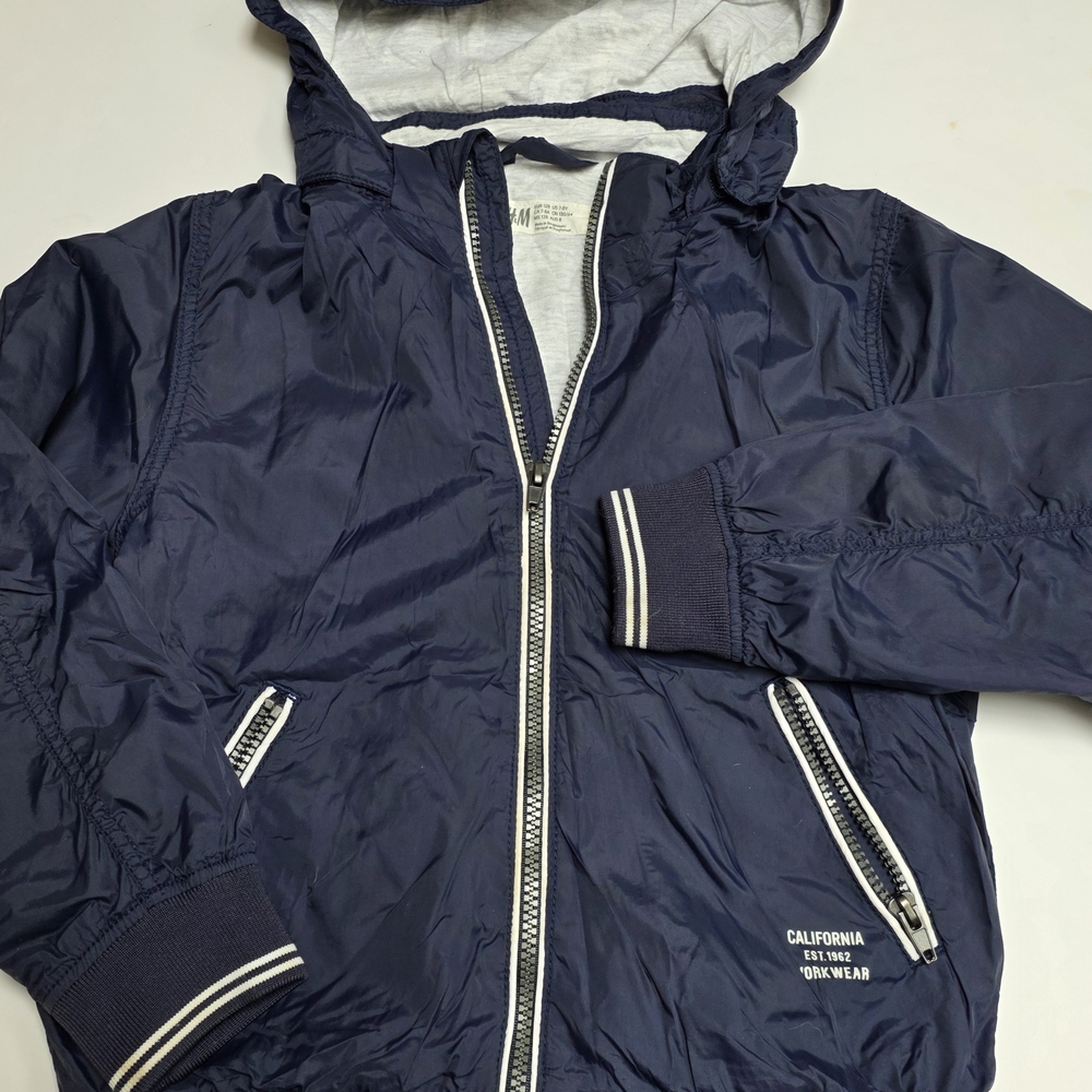 Boys Size 7-8 , H&M Navy  Blue Hooded Rain Jacket,Fully Lined, Detachable Hood